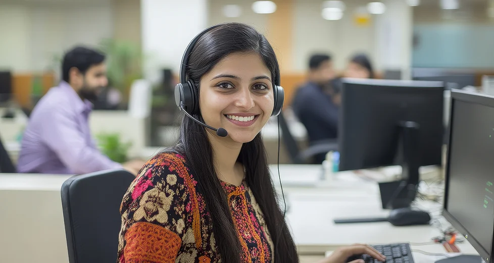 smiling customer service agent work busy office environment